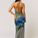 Cowl Halter Maxi Dress - green with blue flower, womens dress collection