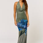 Cowl Halter Maxi Dress - green with blue flower, womens dress collection