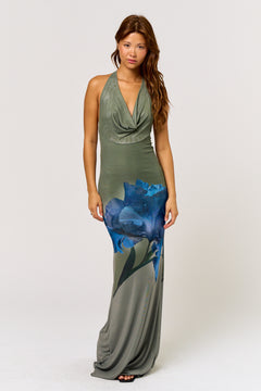 Cowl Halter Maxi Dress - green with blue flower, womens dress collection