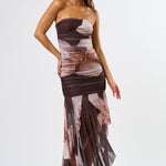 Tube Ruching Ruffle Dress - brown floral, womens dress collection