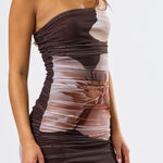 Tube Ruching Ruffle Dress - brown floral, womens dress collection