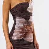 Tube Ruching Ruffle Dress - brown floral, womens dress collection