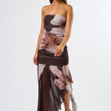 Tube Ruching Ruffle Dress - brown floral, womens dress collection