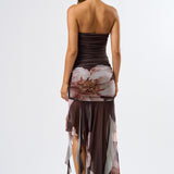 Tube Ruching Ruffle Dress - brown floral, womens dress collection