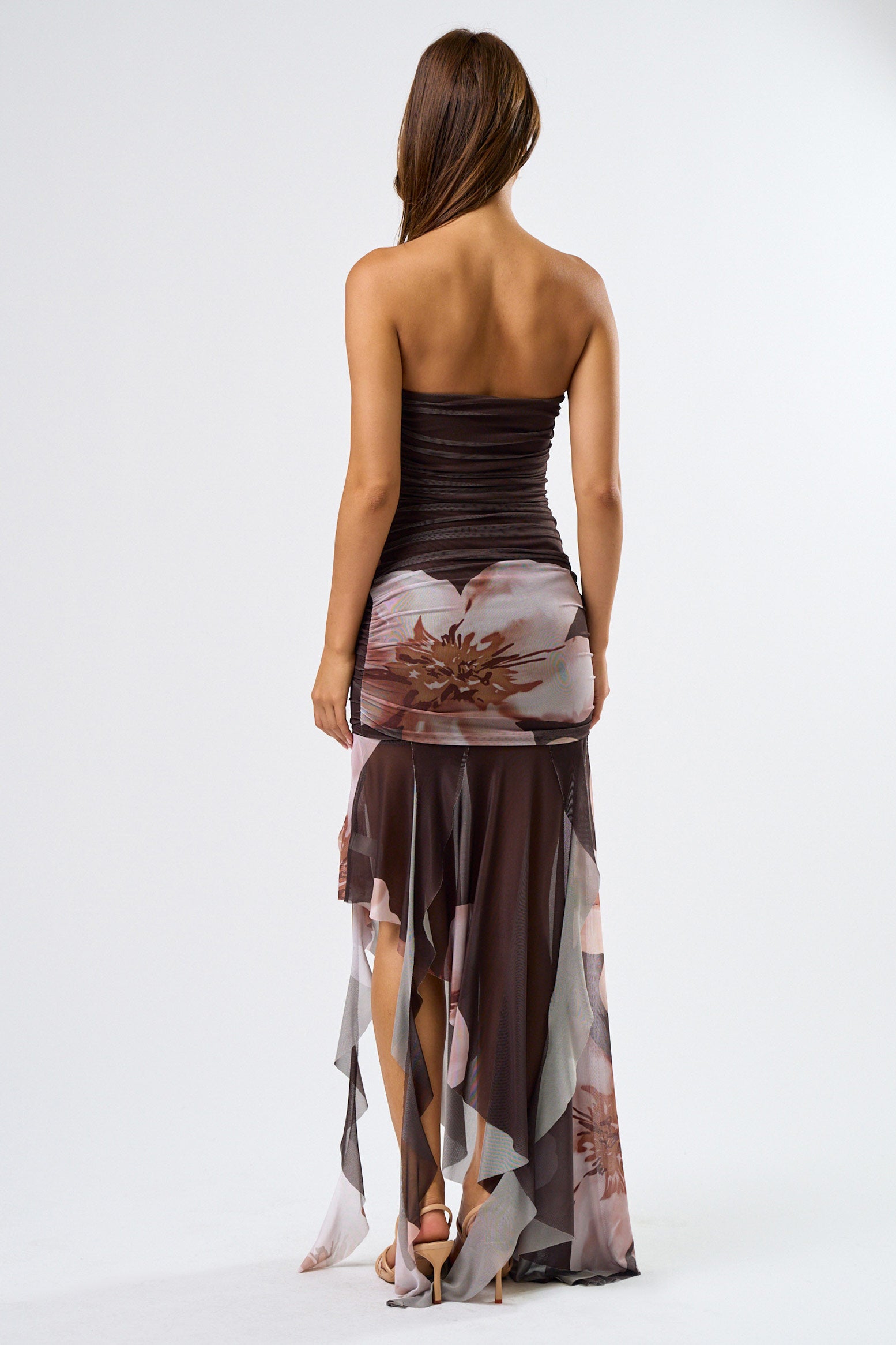 Tube Ruching Ruffle Dress - brown floral, womens dress collection