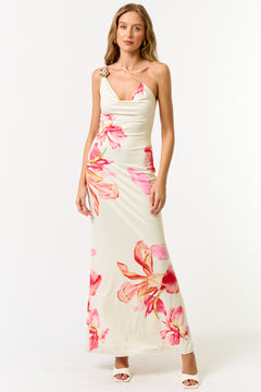 Floral Cowl Neck Asymmetrical Maxi Dress