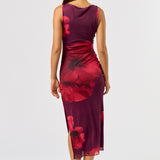 Sleeveless Floral Detail Mesh Maxi Dress - Plum, Women's Dresses Collection