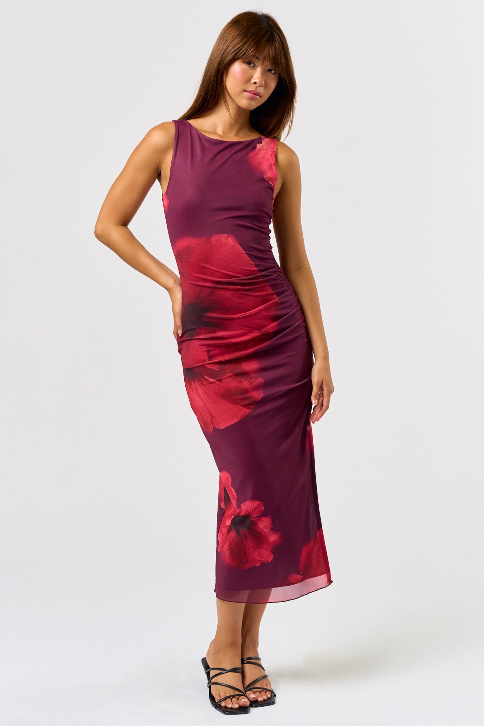 Sleeveless Floral Detail Mesh Maxi Dress - Plum, Women's Dresses Collection