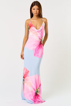 Halter Floral Print Maxi Dress - Light Blue, Women's Dresses Collection
