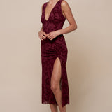 Plunge Ruched Slit Midi Dress