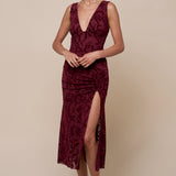 Plunge Ruched Slit Midi Dress