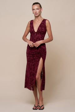 Plunge Ruched Slit Midi Dress