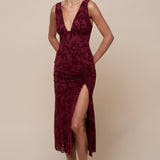 Plunge Ruched Slit Midi Dress