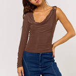 One Shoulder Cowl Long Sleeve Top - brown, womens top collection