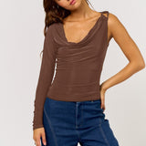 One Shoulder Cowl Long Sleeve Top - brown, womens top collection