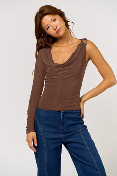 One Shoulder Cowl Long Sleeve Top - brown, womens top collection