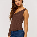 One Shoulder Cowl Long Sleeve Top - brown, womens top collection
