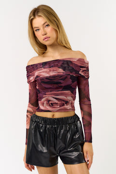 Mesh Off Shoulder Top - mauve/wine, womens top collection