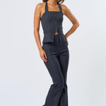 Plaid Stretch Halter Top - navy plaid, womens top/matching set collection