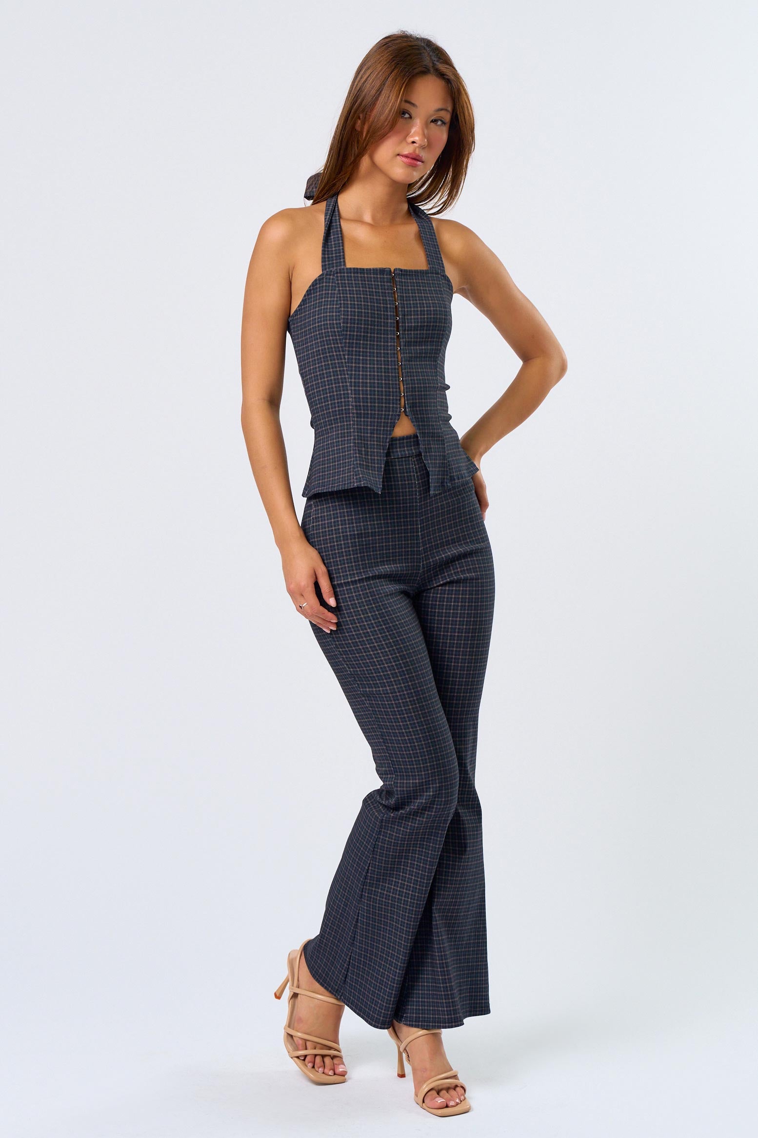 Plaid Stretch Halter Top - navy plaid, womens top/matching set collection