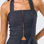 Plaid Stretch Halter Top - navy plaid, womens top/matching set collection