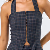 Plaid Stretch Halter Top - navy plaid, womens top/matching set collection