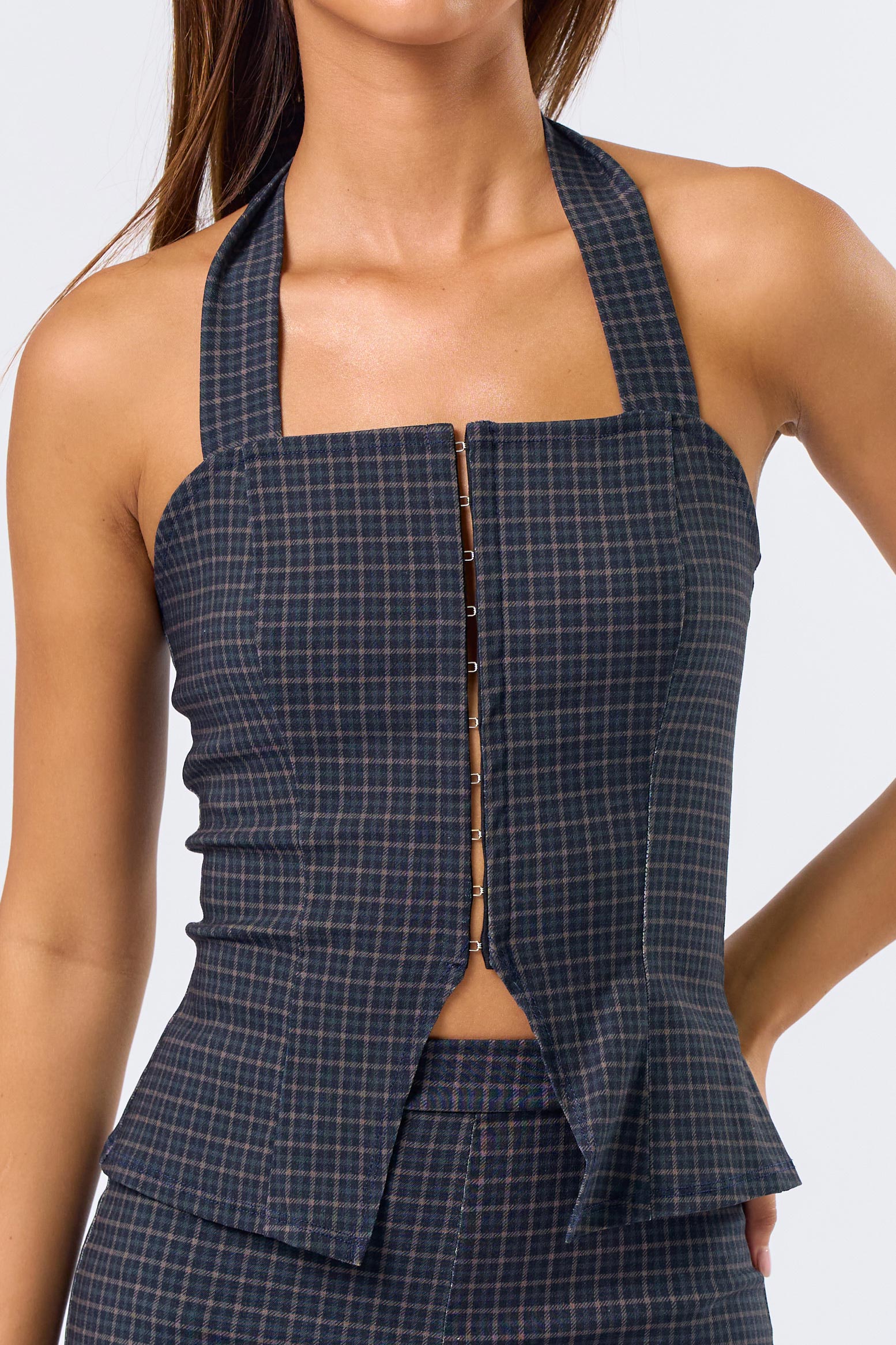 Plaid Stretch Halter Top - navy plaid, womens top/matching set collection