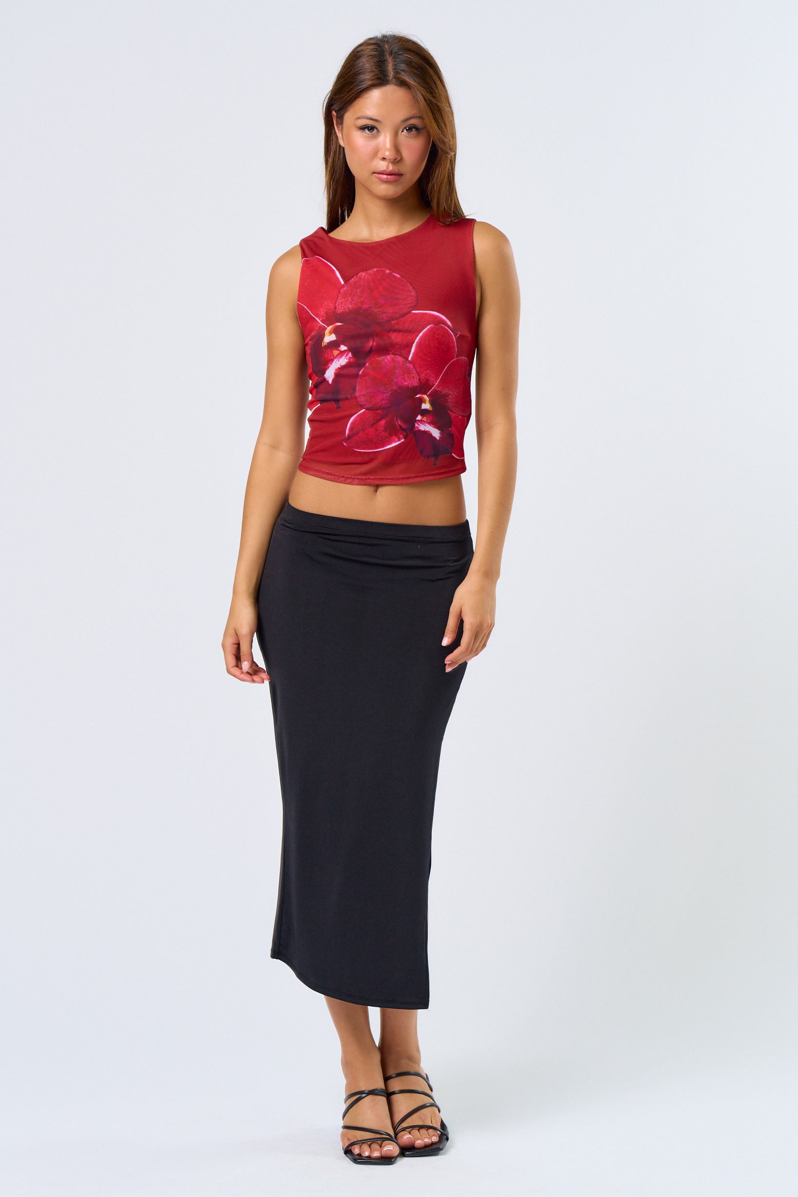 Mesh Thick Strap Tank Floral Detail - Red Multi, Women's Tops Collection