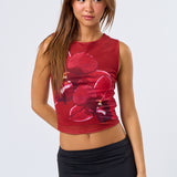 Mesh Thick Strap Tank Floral Detail - Red Multi, Women's Tops Collection