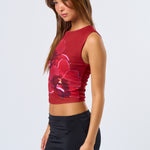Mesh Thick Strap Tank Floral Detail - Red Multi, Women's Tops Collection