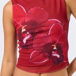 Mesh Thick Strap Tank Floral Detail - Red Multi, Women's Tops Collection