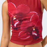 Mesh Thick Strap Tank Floral Detail - Red Multi, Women's Tops Collection