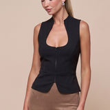 Curved Open Neckline Zip Up Top