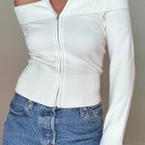 Off Shoulder Zip Sweater