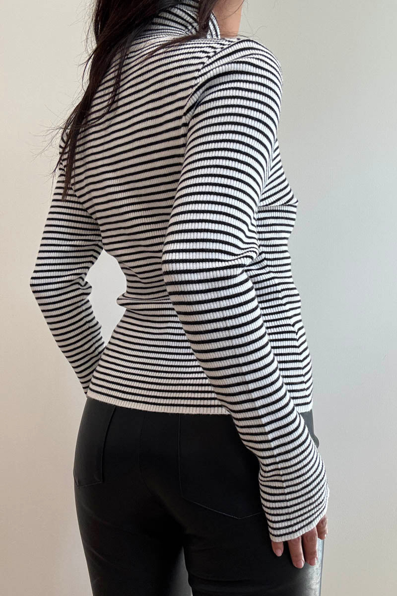 Turtle Neck Knit Top - black and white striped, womens top collection