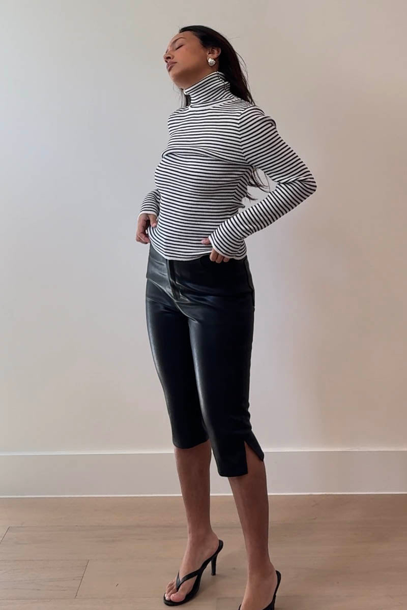 Turtle Neck Knit Top - black and white striped, womens top collection