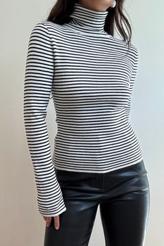 Turtle Neck Knit Top - black and white striped, womens top collection