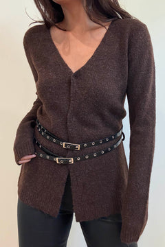 Chunky Cardigan With Waist Belt - chocolate brown with black belt, womens cardigan collection 