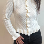 Ruffled Edge Cardigan - white, womens cardigan collection