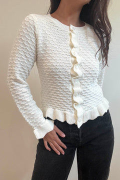 Ruffled Edge Cardigan - white, womens cardigan collection