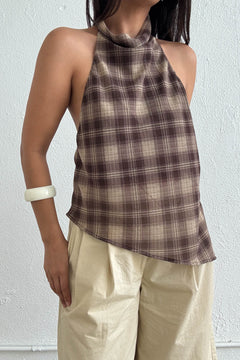 Check Chiffon High Cowl Neck Top