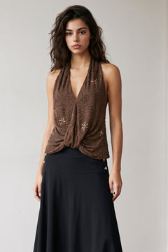 Sequin Halter Front Twist Top