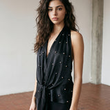 Embellished Tied Front Satin Halter Top