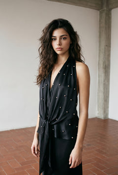 Embellished Tied Front Satin Halter Top