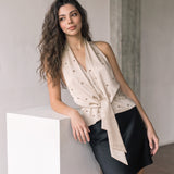 Embellished Tied Front Satin Halter Top