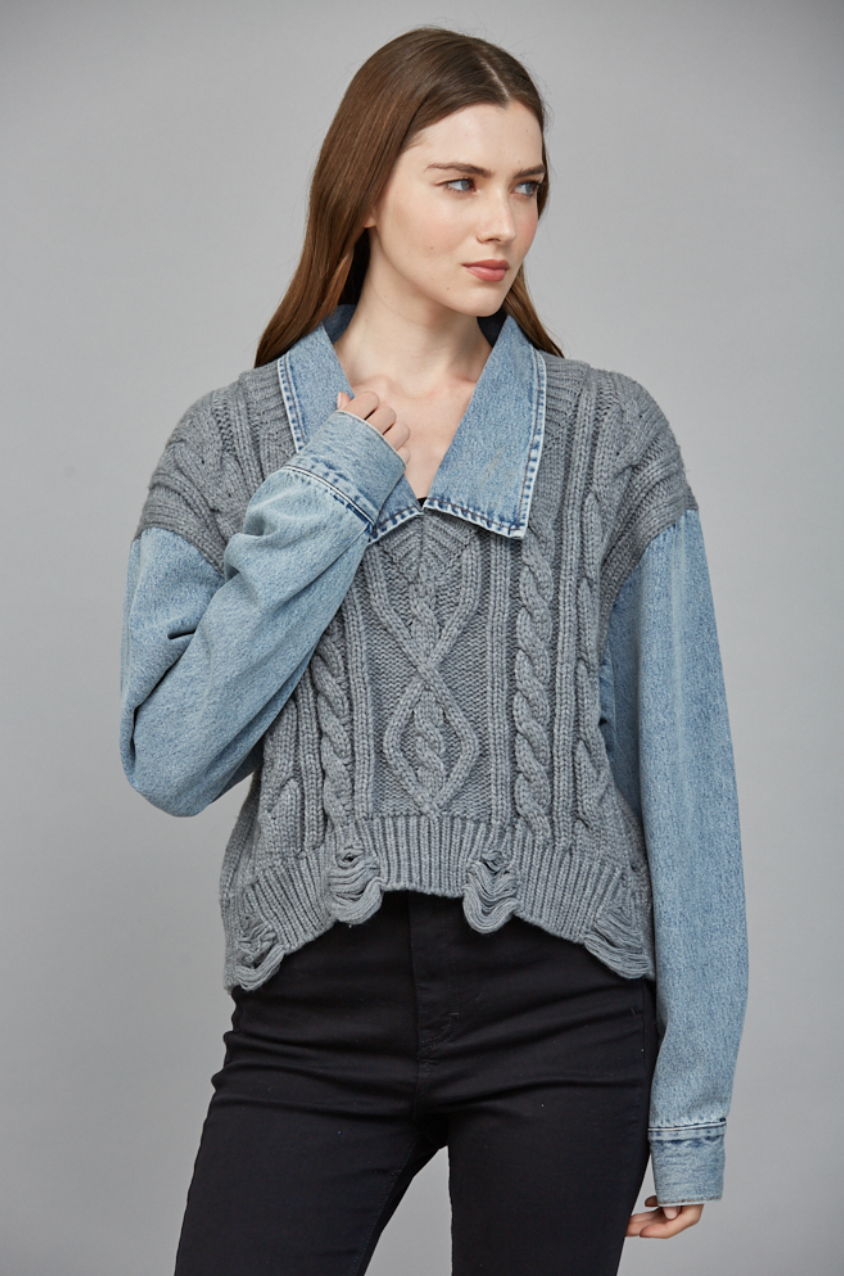 Denim Knit Collared Top - grey with denim sleeves, womens top collection