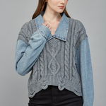 Denim Knit Collared Top - grey with denim sleeves, womens top collection