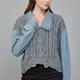 Denim Knit Collared Top - grey with denim sleeves, womens top collection