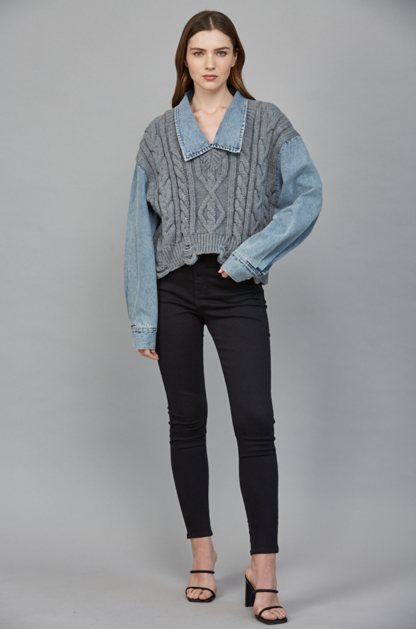 Denim Knit Collared Top - grey with denim sleeves, womens top collection