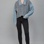 Denim Knit Collared Top - grey with denim sleeves, womens top collection